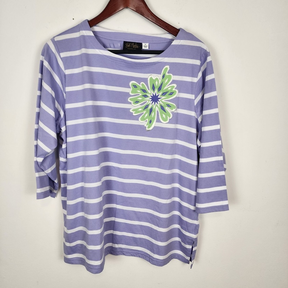 Bob Mackie Wearable Art Purple Stripe Flower Blouse‎ Women's XL